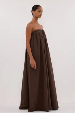 ROISIN BITTER CHOC COTTON STRAPLESS MAXI DRESS