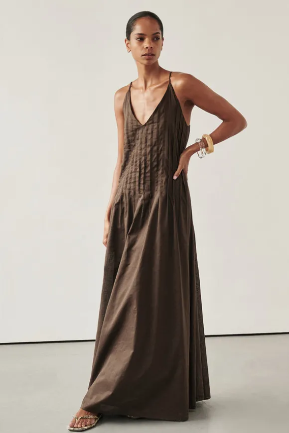 TAHLIA BITTER CHOC LINEN BLEND MIDI DRESS