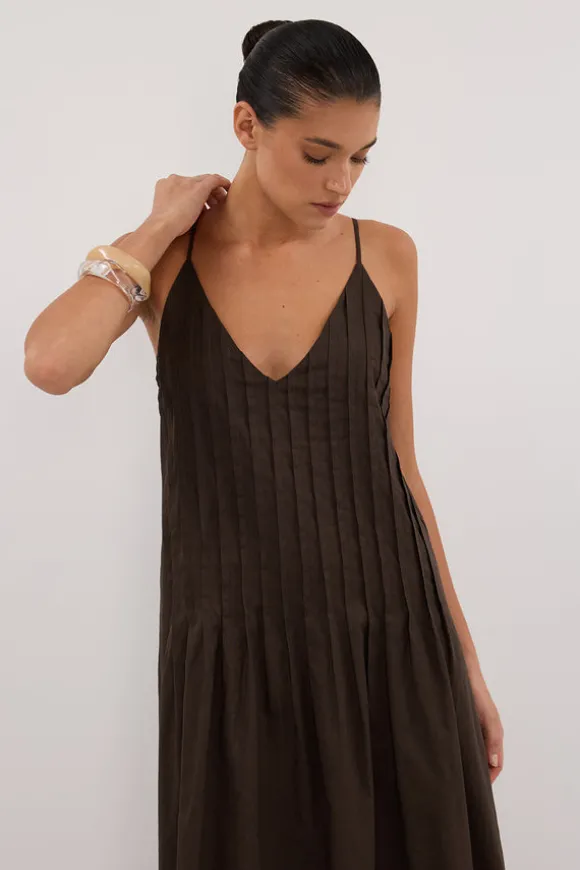 TAHLIA BITTER CHOC LINEN BLEND MIDI DRESS