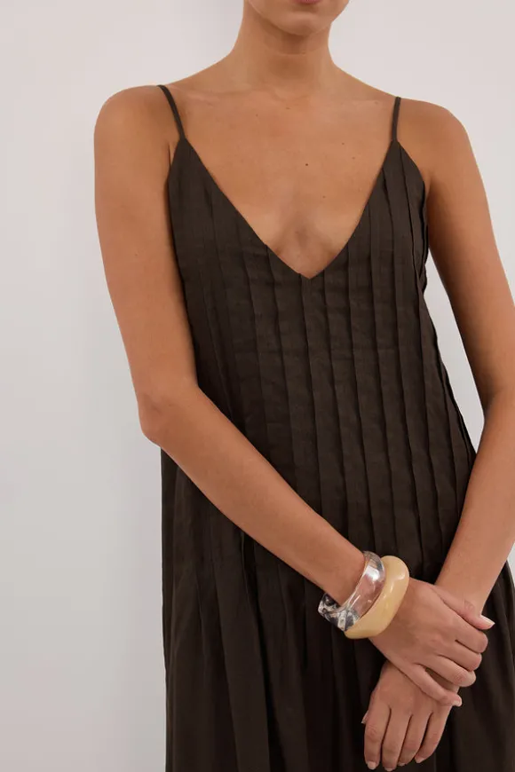 TAHLIA BITTER CHOC LINEN BLEND MIDI DRESS