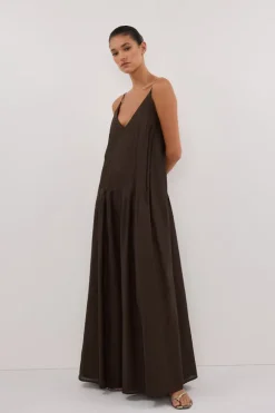 TAHLIA BITTER CHOC LINEN BLEND MIDI DRESS